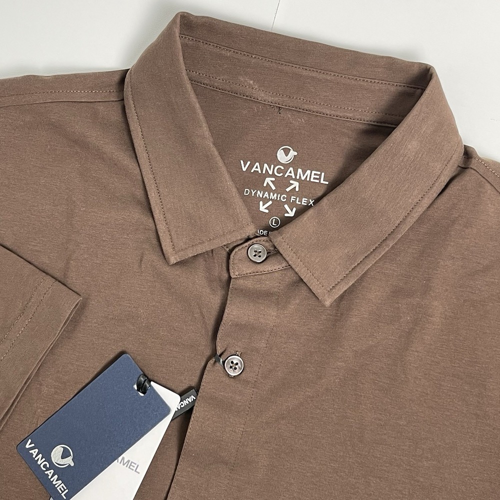 Vancamel Cotton Flex Men's Lux Polo Dark Brown Short Sleeve Button Up Stretch